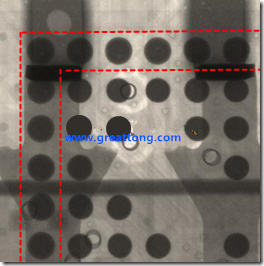 BGA錫球尺寸小于0.4mm，采用降低BGA內(nèi)圍襲球的錫膏量所得到X-Ray，稍微留意一下可以發(fā)現(xiàn)最外圈的錫量(圓的直徑)比其他內(nèi)圍的錫球上的錫量來得多一點(diǎn)點(diǎn)。也就是外圈的黑色圓形直徑比內(nèi)圈的圓形來得大一點(diǎn)點(diǎn)。