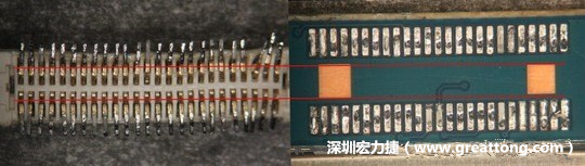 把板對板連接器與其電路板的佈線焊墊作一個(gè)比較，端子的切斷面有毛邊的地方剛好對到了裸銅區(qū)。