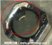 使用錫(Sn)鍍層的電源電感器(Power Inductors)，經(jīng)過(guò)推力測(cè)試后，其焊點(diǎn)還保留在零件的端點(diǎn)上，所以推力比較高。