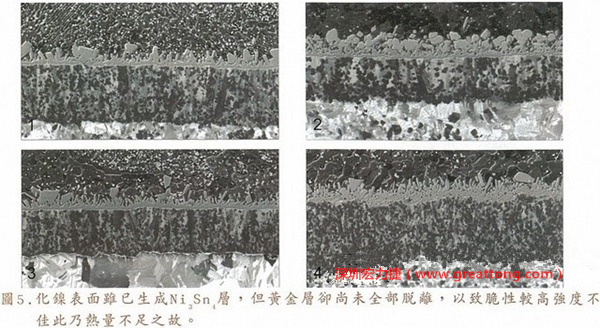 下面四圖顯示，當(dāng)焊接的熱量不足或未持續(xù)時(shí)，雖然Ni3Sn4的薄薄IMC層已經(jīng)生成而焊牢，但也會(huì)因?yàn)锳uSn及AuSn2還未來得及逸走，而停留在共金介面附近，當(dāng)有外力拉扯的時(shí)候，就很容易斷裂開來。這就是為何ENIG的焊點(diǎn)強(qiáng)度，始終不如銅面焊點(diǎn)(Cu6Sn5)來得更為牢固的主因之一。