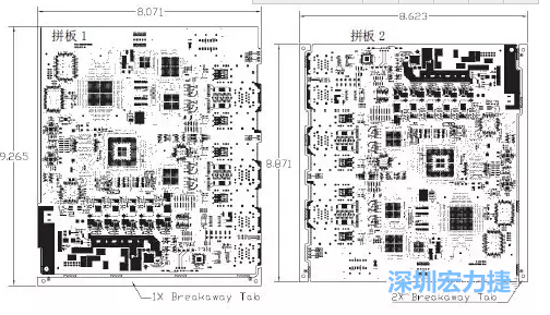 如圖7所示是使用不同數(shù)量邊條的拼板，拼板1僅使用了一個邊條，直接利用PCB另一邊作為SMT工藝傳送邊，并且PCB圖形中有合適的安裝孔；而拼板2則是按常規(guī)設計了兩個邊條。拼板方式為連接筋。圖中“Breakaway Tab”指邊條-深圳宏力捷