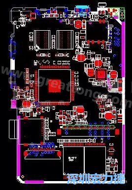上圖是一個開發(fā)板的PCB，從布局中可以看出各個接口電路分離很明確，SDRAM和DDR以及SD卡接口電路等走線不會造成相互的干擾。-深圳宏力捷