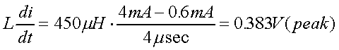 舉例來說，一個閘在"ON"而載有4mA的電流時，突然開關(guān)切到"OFF"且現(xiàn)在載有0.6mA的電流，假設(shè)開關(guān)時間為4msec，載有450mH的電感信號的導(dǎo)體，此時所產(chǎn)生的電壓突波為