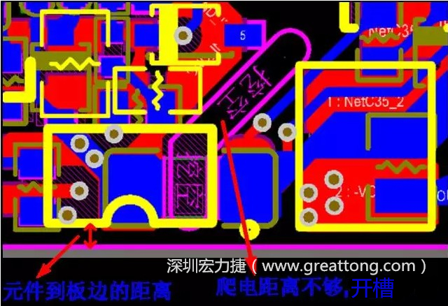 如果碰到模塊PCB空間有限，爬電距離不夠，可以采用開槽的方式