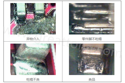 300X顯微鏡主要檢測(cè)這些PCBA加工問題：異物介入、零件腳不吃錫、 吃錫不良。