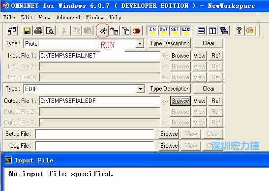 輸出文件類型(Type)選 EDIF。Output File 1 指定輸出文件的文件名和路徑。然后點擊 Run(跑動的小人)。