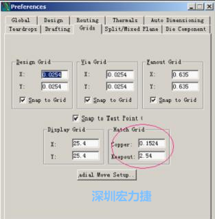  改銅皮的填充網(wǎng)格Global→Design Units，填充方向Drafting→Direction；Hatch Grid中Copper此數(shù)值為大銅箔中所填充的線條中心到中心的距離。