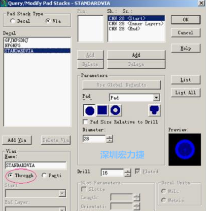 分析文件完成后，點擊菜單Setup→Pad Stacks調(diào)出焊盤堆設(shè)置窗口，將Pad Stack Type改為Via