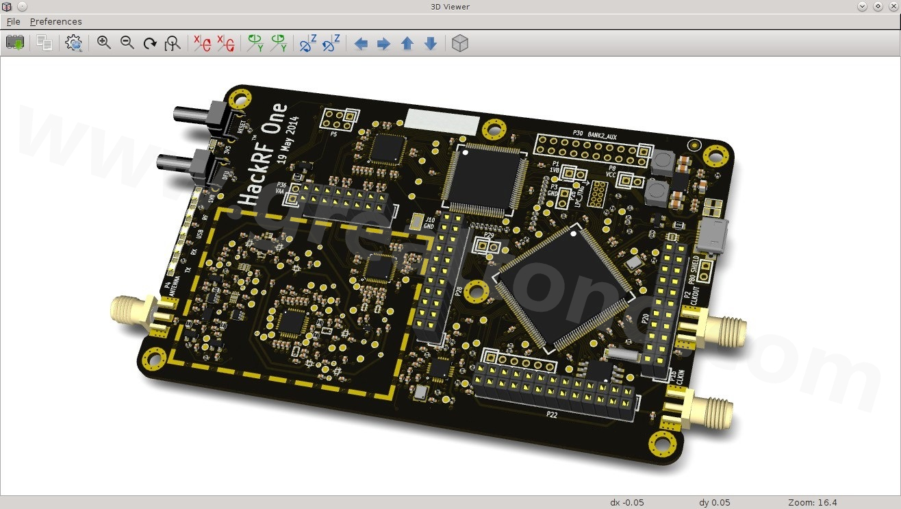 經(jīng)KiCad軟體3D功能渲染過的HackRF One電路板。