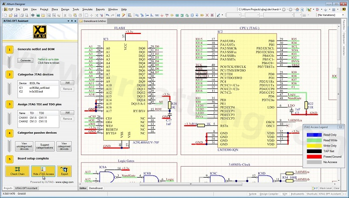 XJTAG DFT Assistant的Access Viewer模式可以清楚地顯示可用的測(cè)試存取層級(jí)，讓電路板設(shè)計(jì)人員在展開(kāi)PCB布局以前的原理圖擷取階段盡可能地提高測(cè)試存取能力