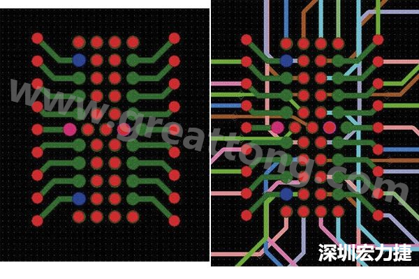 圖7：焊盤內(nèi)過孔用于內(nèi)部，而外部接腳在0.5mm閘格上扇出。圖7a顯示的是頂層(左)；圖7b顯示頂層和內(nèi)部布線層(右)。