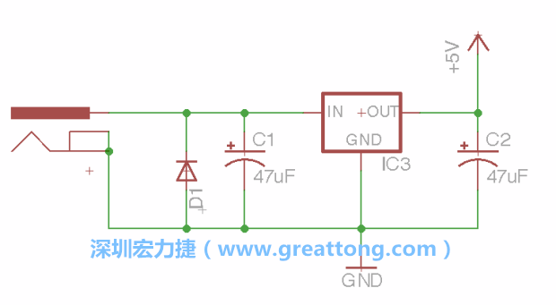 新增RBBB→Power_Jack，將它放在電壓調(diào)整器的輸入端旁邊。