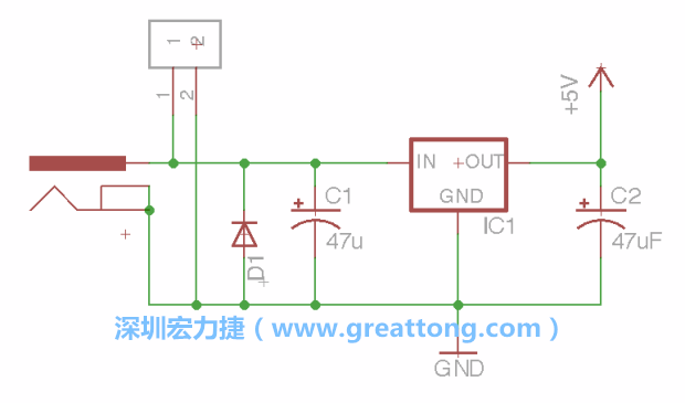 2.5.    新增一個二極體，它會以水平的狀態(tài)出現(xiàn)在屏幕上，請使用「旋轉(zhuǎn)（Rotate）」工具把它負極那一面朝上，并且用「網(wǎng)絡(luò)連接」工具將它連接在電壓調(diào)整器的輸入端和接地端之間。