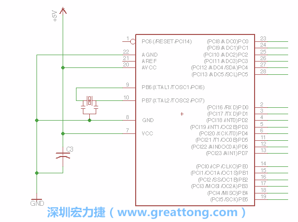 3.2.    在靠近ATmega的電源供應針腳7的位置放置一個0.1μF的電容，將它分別連接電源、接地端和針腳7。