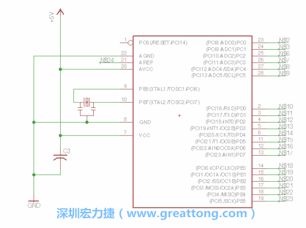 3.3.    將共鳴器（resonator）放置在針腳9和針腳10附近，將它的三個針腳連接如圖所示，并確認最中間的針腳有連到接地端。