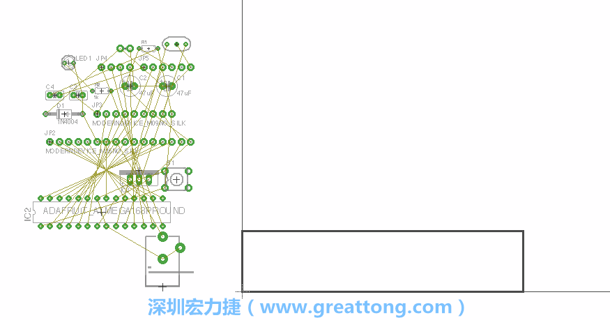 第一次執(zhí)行布線編輯器時，你會發(fā)現(xiàn)有兩個區(qū)塊，左邊的區(qū)塊非?；靵y，而右邊的區(qū)塊則是一個長方形的工作區(qū)域，EAGLE免費(fèi)版會限制你的工作區(qū)域在4” x 3.2”的范圍內(nèi)，如果你試圖將元件擺放在工作區(qū)外的話，就會跳出警示訊息。