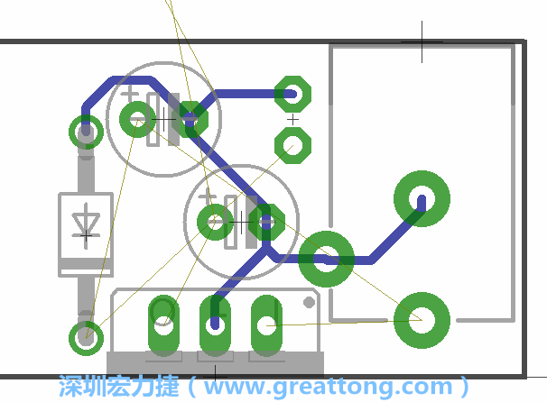 當(dāng)你在擺放元件時，要注意元件間的連結(jié)關(guān)系使用「旋轉(zhuǎn)（Rotate）」工具來讓連結(jié)點(diǎn)更接近、更容易布線。舉例來說，我們可以將這邊的二極體轉(zhuǎn)一個方向來縮短和47μF電容間的連結(jié)距離。