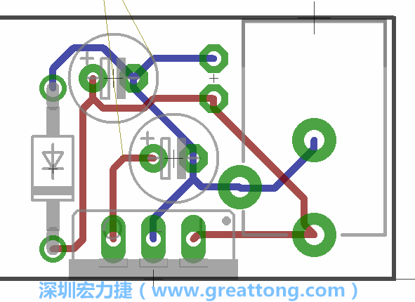 接地連結(jié)點(diǎn)的布線情形如下圖所示，利用這個練習(xí)來避免電路連線銳角化的產(chǎn)生是一個不錯的選擇，你可以在工具列中的彎曲線路（Wire Bend）選項里改變各種布線的變化。