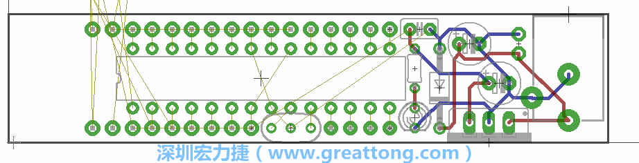 將ATmega微控制器、三個GPIO排針（JP2, JP3, JP4）和諧振器（resonator）排置如上圖所示。