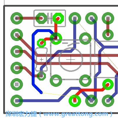 要在電路板正面進(jìn)行+5V信號線連結(jié)和其他連結(jié)點(diǎn)的布線工作是非常容易的，而重置信號線（信號線用來連結(jié)電路板正面左邊的重置開關(guān)）需要經(jīng)過一個可以通過電路板正反兩面的電路通道，這個通道是一個可以讓電路板正反兩面線路連接的一個小孔。