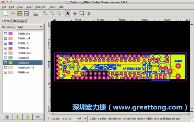 將圖層匯入你的Gerber預覽工具內(nèi)（下圖為Gerbv），我通常會從上到下重新排列它們的順序，好讓我比較好校對：