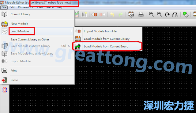 進(jìn)入Module Editor去載入其他Footprint(Module)進(jìn)來(lái)， 從目前的Active library (不過(guò)要先選取一個(gè)Current library ) 載入Module 或從目前正在編輯的PCB載入Module。