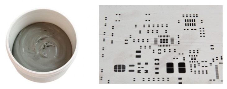 焊膏（左），PCB模板激光切割孔（右）